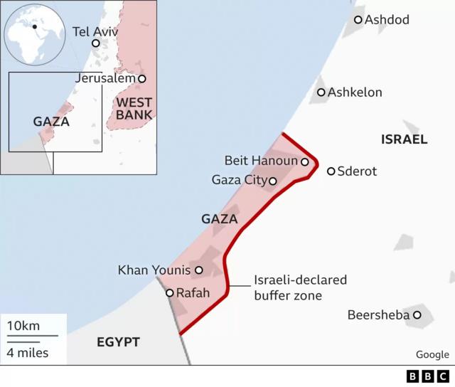 가자지구와 이스라엘 남부를 표시한 지도
