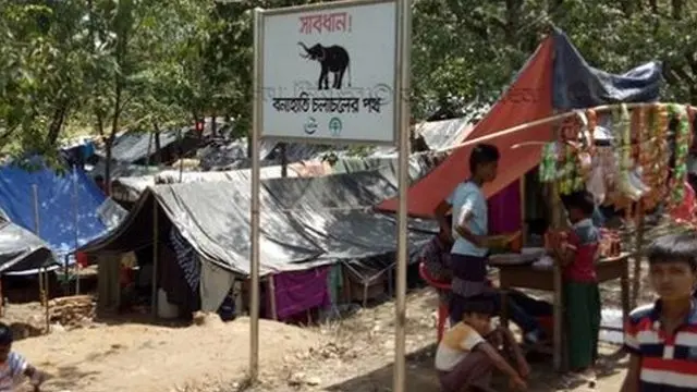 সতর্কতামূলক সাইনবোর্ড, ''সাবধান। বন্যহাতি চলাচলের পথ।''