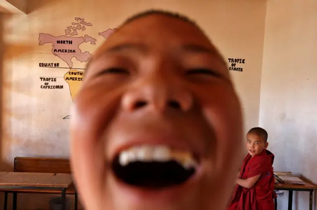 Young monks are seen at their school inside Thiksey Monastery in Ladakh, India