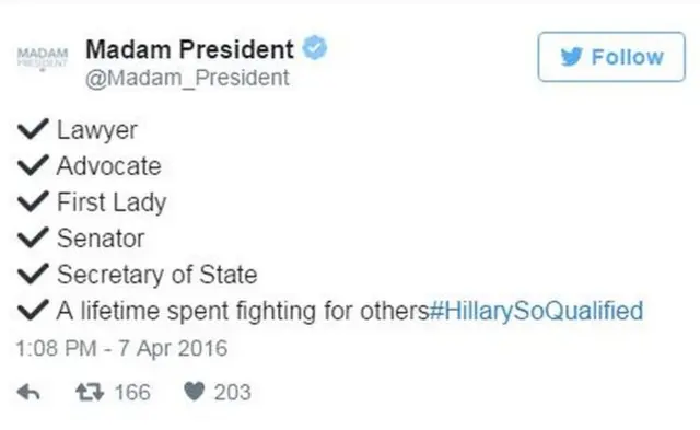 MadamPresident tweet: Lawyer, advocate, first lady, Senator, Secretary of State, a lifetime spent fighting for others