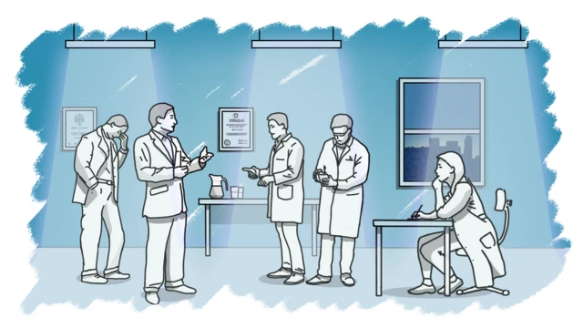 Illustration of five secret agents in a room