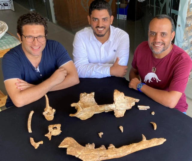 ทีมนักบรรพชีวินวิทยาของอียิปต์ กับฟอสซิลกระดูกบางส่วนของ "อะนูบิส"
