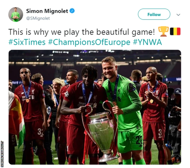 Simon Mignolet tweeted: This is why we play the beautiful game