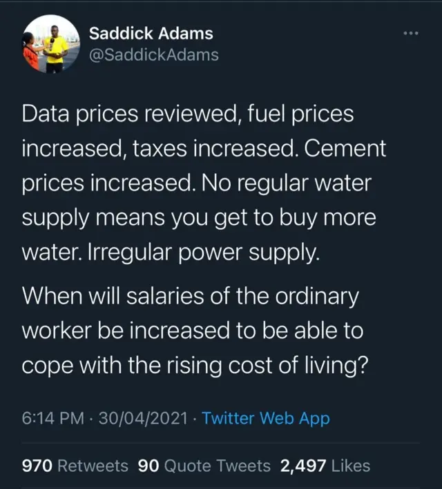 Screen grab from twitter user campaigner to #fixthecountry