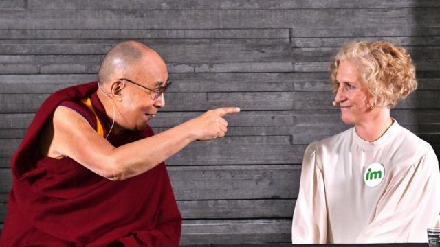 ibetan spiritual leader Dalai Lama and development NGO IM"s Secretary General Ann Svensn (R) attend at a press meeting in Malmo in Malmo, Sweden September 12, 2018.