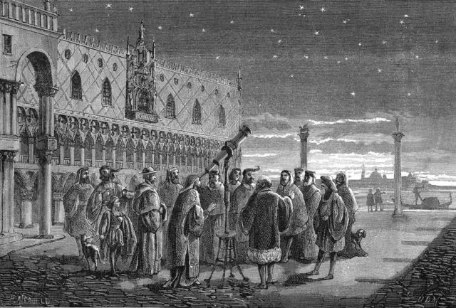 সতের শতকে গ্যালিলিয় সতীর্থদের দেখাচ্ছিলেন কিভাবে তার টেলিস্কোপটি ব্যাবহার করতে হয়।