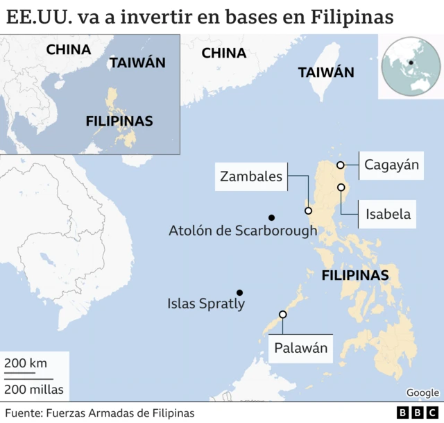 Mapa de Asia donde se destacan Filipinas, Taiwán y China.