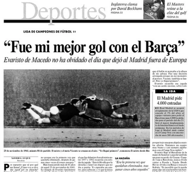 La Vanguardia newspaper cutting of interview with Evaristo, featuring a photo of his diving header against Real Madrid