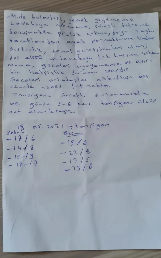 Mehmet Emin Özkan'la aynı hücrede kalan bir hükümlünün, Özkan'ın durumunu doktora aktarmak için onun cebine koyduğu not