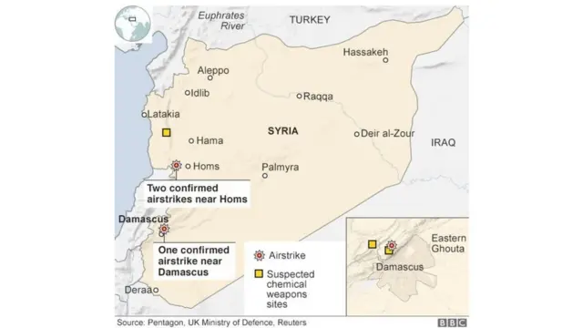 Ramani ya Syria ikionyesha maeneo yalioshambuliwa