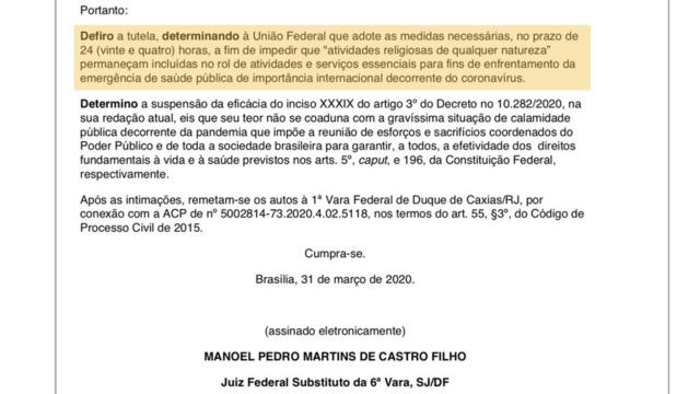 Reprodução de trecho de documento com decisão do juiz Manoel Pedro Martins de Castro Filho