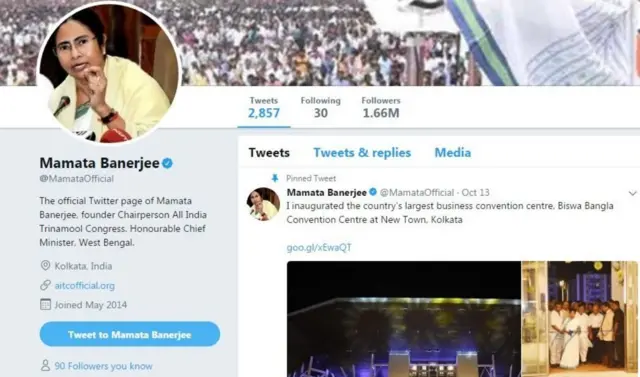 પશ્ચિમ બંગાળનાં મુખ્ય પ્રધાન મમતા બેનર્જીના ટ્વિટર પેજનો ફોટોગ્રાફ