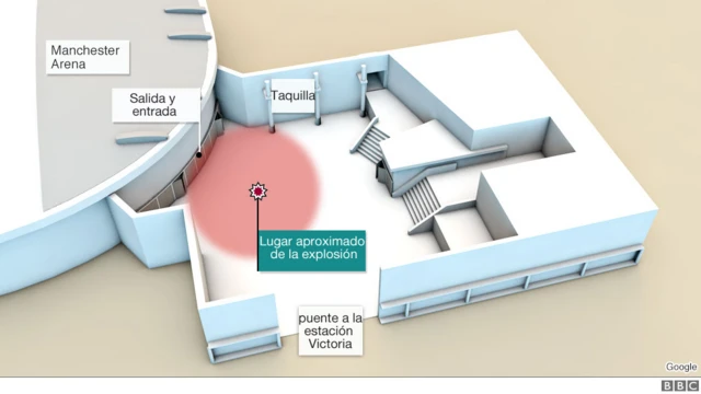 Mapa del ataque en el vestíbulo de Manchester