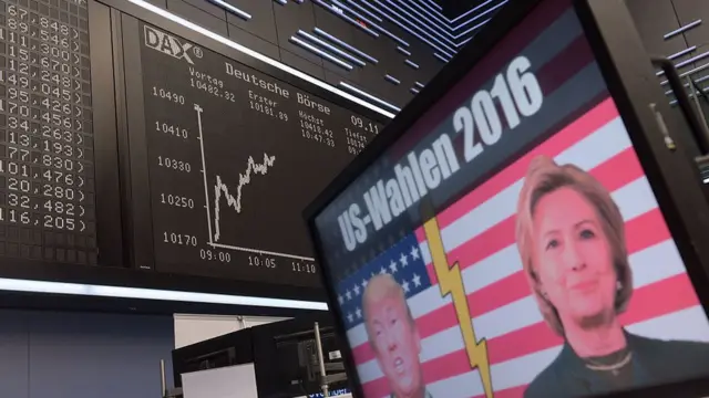 Carteles con índices de Bolsa y las fotos de Trump y Clinton.