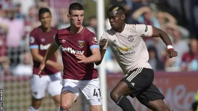 Declan Rice wa West Ham (kushoto) na Paul Pogba wa Man Utd