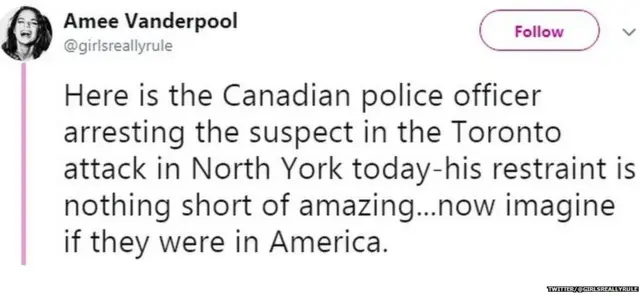 "Here is the Canadian police officer arresting the suspect in the Toronto attack in North York today-his restraint is nothing short of amazing...now imagine if they were in America."