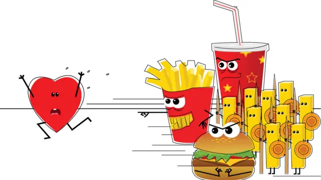 Dibujo de comida chatarra atacando a un corazón.
