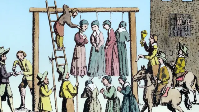 Dibujo del ahoracamiento de brujas en Inglaterra en el siglo XVII.