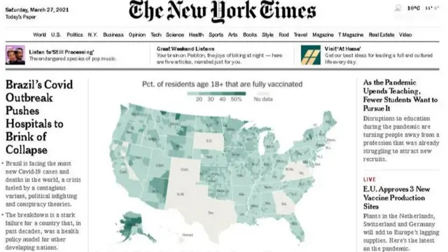 Situação caótica do Brasil figurava como manchete do site do New York Times neste sábado (27)