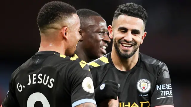Riyad Mahrez dey celebrate afta im score for Manchester City for Aston Villa