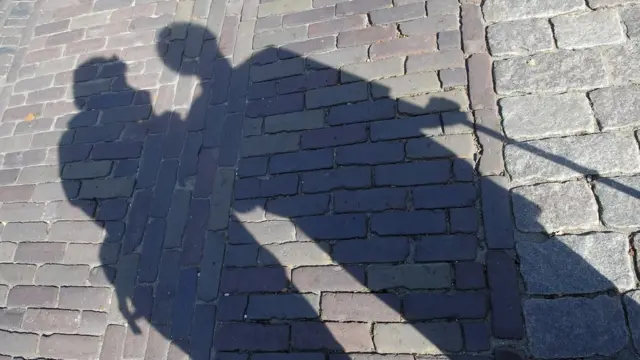 Sombra sobre piso de ladrillos y piedra.