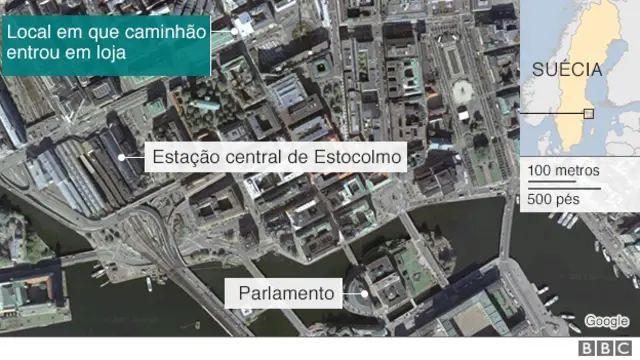 Mapa do local em que o caminhão entrou em loja, em Estocolmo