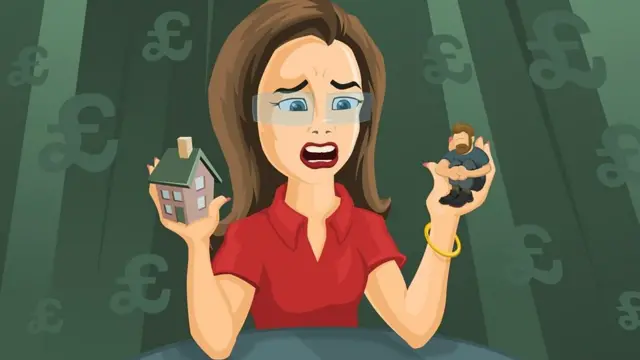 Ilustração de mulher com expressão em pânico, segurando uma casa na mão direita e o namorado na mão esquerda