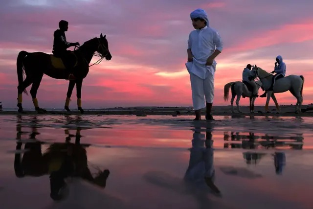 إماراتيون على ظهور الجياد في أبوظبي عند غروب الشمس.