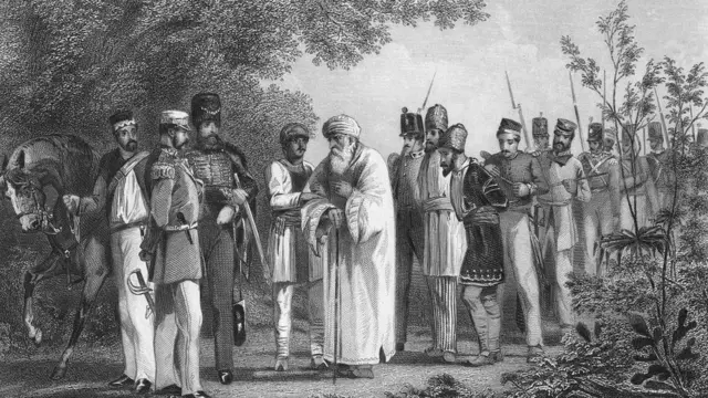 बहादुरशाह ज़फ़र विलियम हॉडसन के सामने आत्मसमर्पण करते हुए