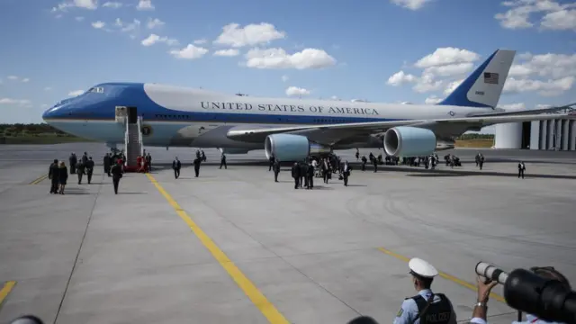 Air Force One sits on the tarmac as U.S. President Donald J. Trump and the first lady Melania Trump arrive at Hamburg Airport for the Hamburg G20 economic summit on July 6, 2017 in Hamburg, Germany.