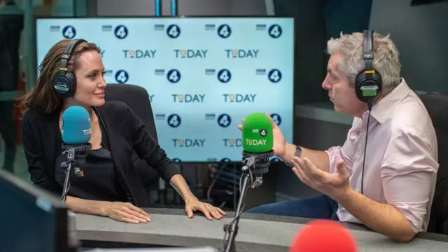 Angelina Jolie chats with Justin Webb in the radio studio