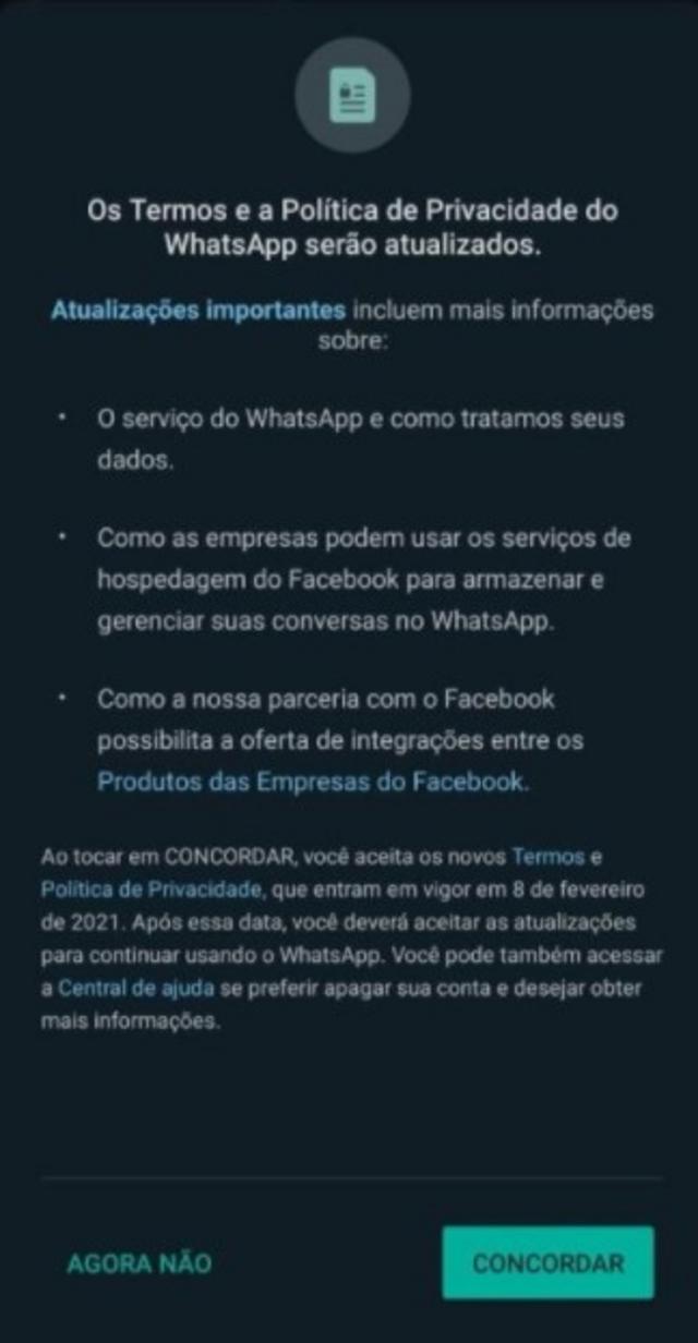 Notificação do WhatsApp sobre mudança na política de privacidade