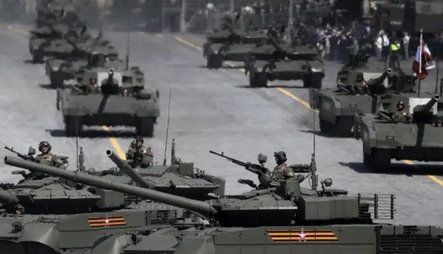 Russian military vehicles take part in a military parade, marking the 75th anniversary of the Nazi defeat, in Moscow, Russia, 24 June 2020
