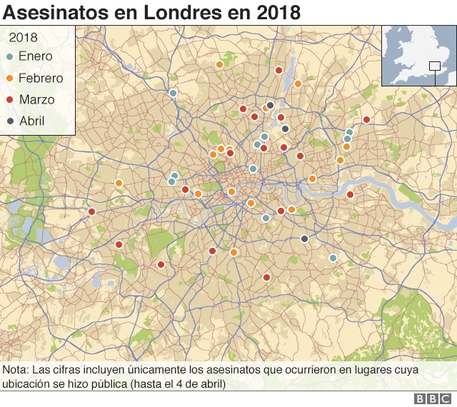 Mapa de Londres que indica dónde ocurrieron los asesinatos.