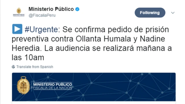 Captura de pantalla del Twitter del Ministerio Público de Perú