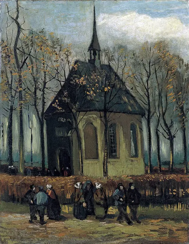 "Congregação deixando a igreja reformadaroleta com porcentagemNuenen", Vincent van Gogh 1884-1885