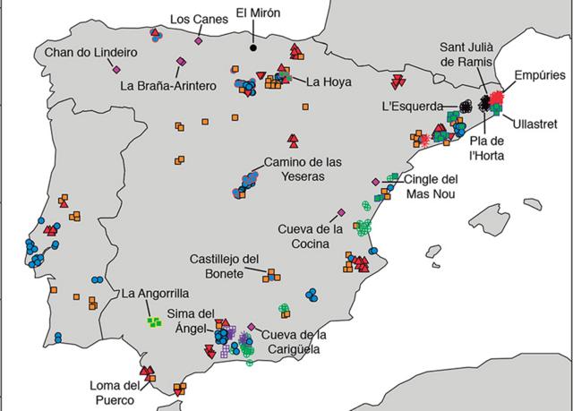 Mapa de España que muestra los sitios donde se obtuvieron muestras de ADN para el estudio