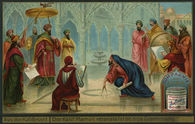 El califa abasí Al-Mamun reunido con el equipo de eruditos de renombre de la época a quienes les asignó la tarea de calcular el tamaño de la Tierra.