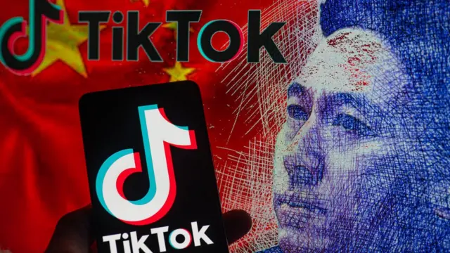 Montage avec le logo TikTok sur un téléphone, le drapeau chinois et le visage de Shou Zi Chew, PDG de TikTok.