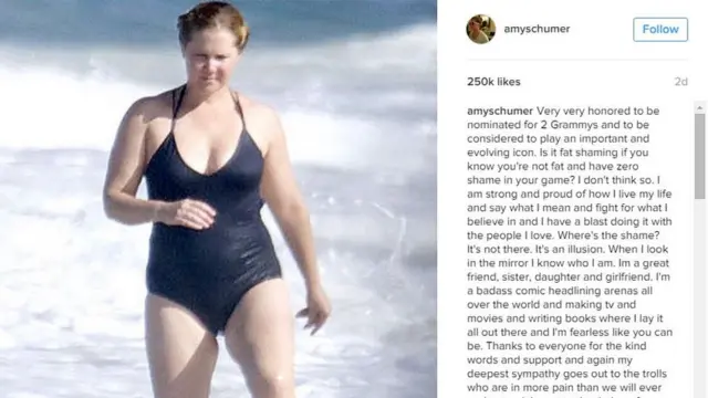 Captura de pantalla del posteo de Amy Schumer en Instagram donde se la ve en traje de baño.