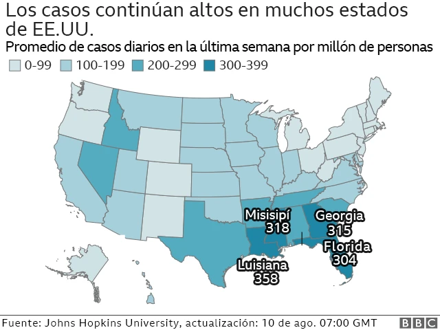 Mapa de Estados Unidos con los estados peor afectados
