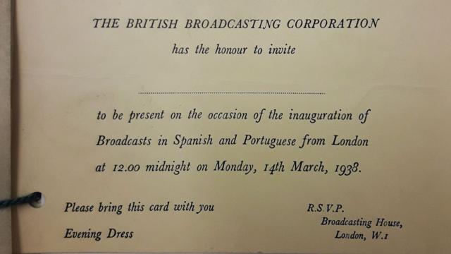 Invitación a la noche de gala en que se inauguró el Servicio Latinoamericano de la BBC en 1938