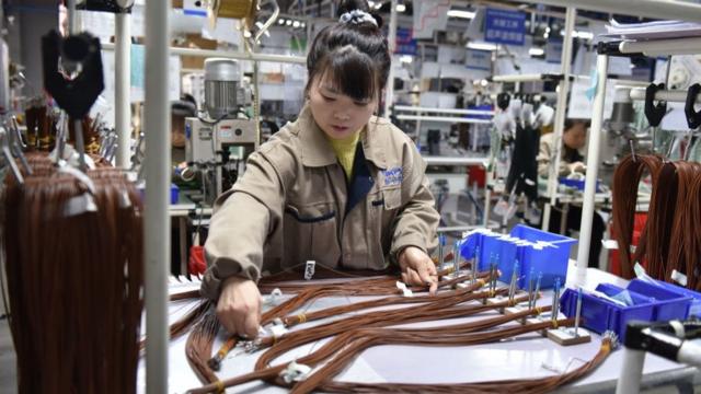 在中国安徽省阜阳市的一家汽车零部件工厂，一名女工正在组装汽车线束。