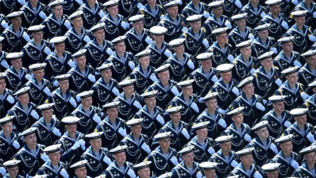 Russian sailors march during the Victory Day Parade in Red Square in Moscow, Russia, June 24, 2020