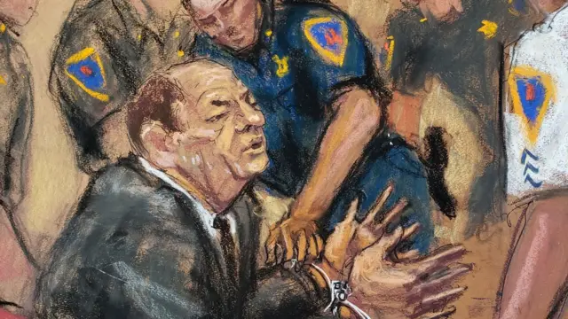 Ilustración de la comparecencia de Harvey Weinstein ante el tribunal de Manhattan