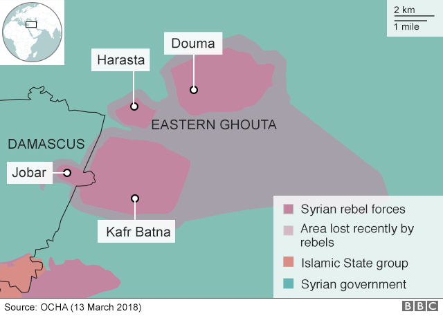 Map showing control of the Eastern Ghouta on 13 March 2018