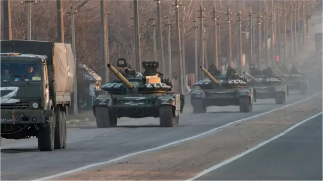 A column of Russian tanks near Mariupol, Ukraine
