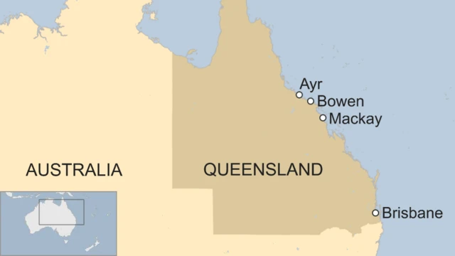 Map shows Ayr, Bowen and Mackay, the areas of Queensland bracing for Cyclone Debbie