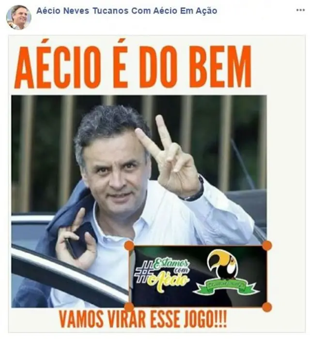 Postagem da página 'Aécio Neves Tucanos Com Aécio Em Ação' diz: 'Aécio é do bem/Vamos virar esse jogo!'