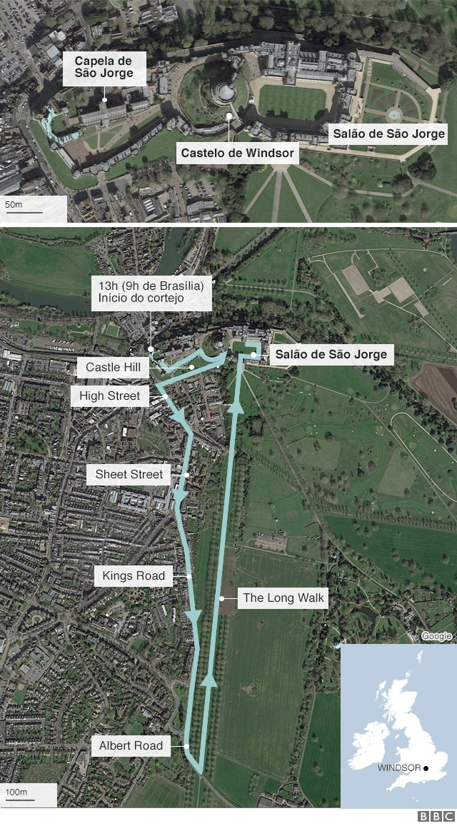 Mapa mostra o roteiro do cortejo do casal Harry e Meghan, em Windsor, após casamento